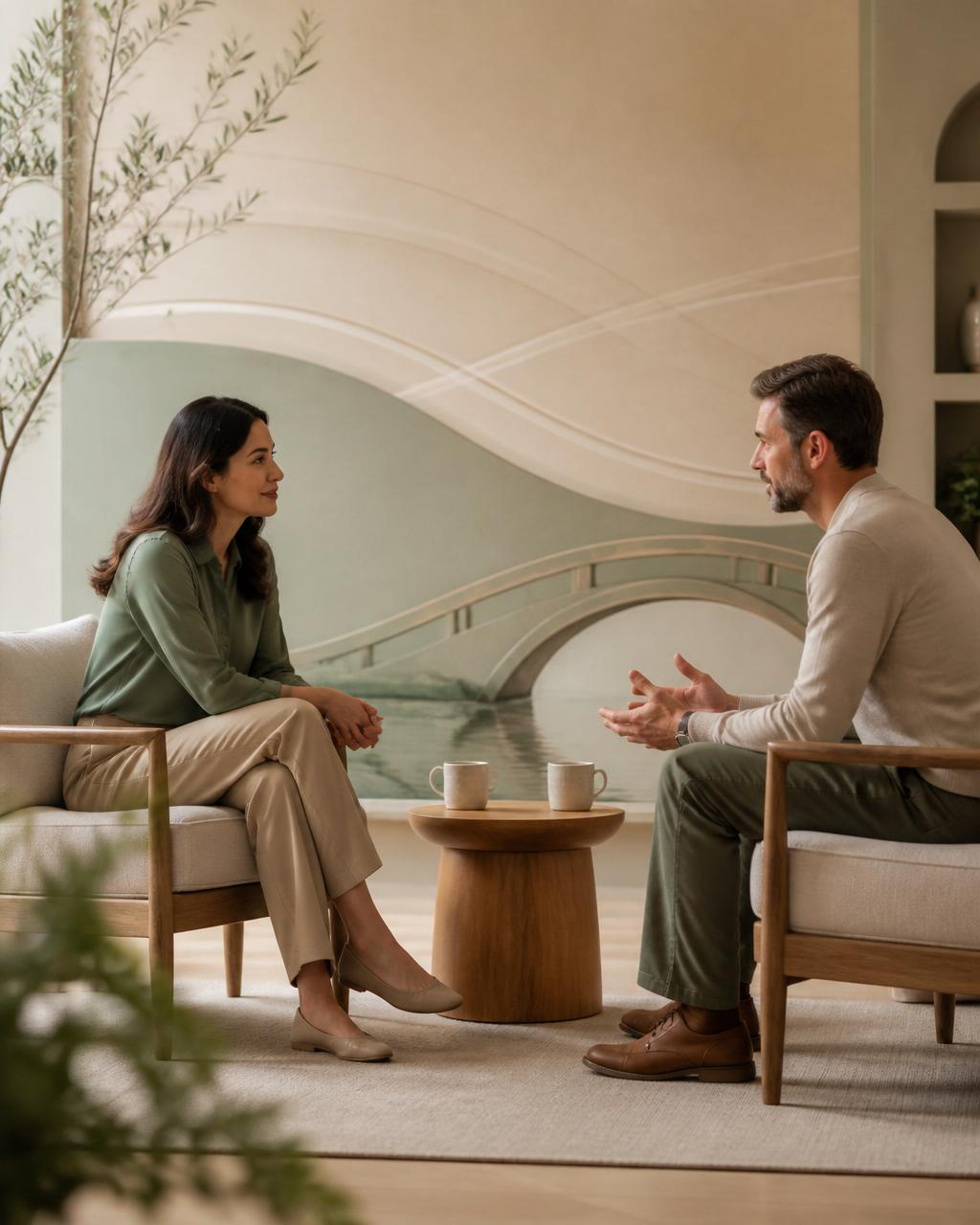 Zwei Personen im Gespräch, eine Brücke im Hintergrund symbolisiert Verständigung im Konfliktcoaching