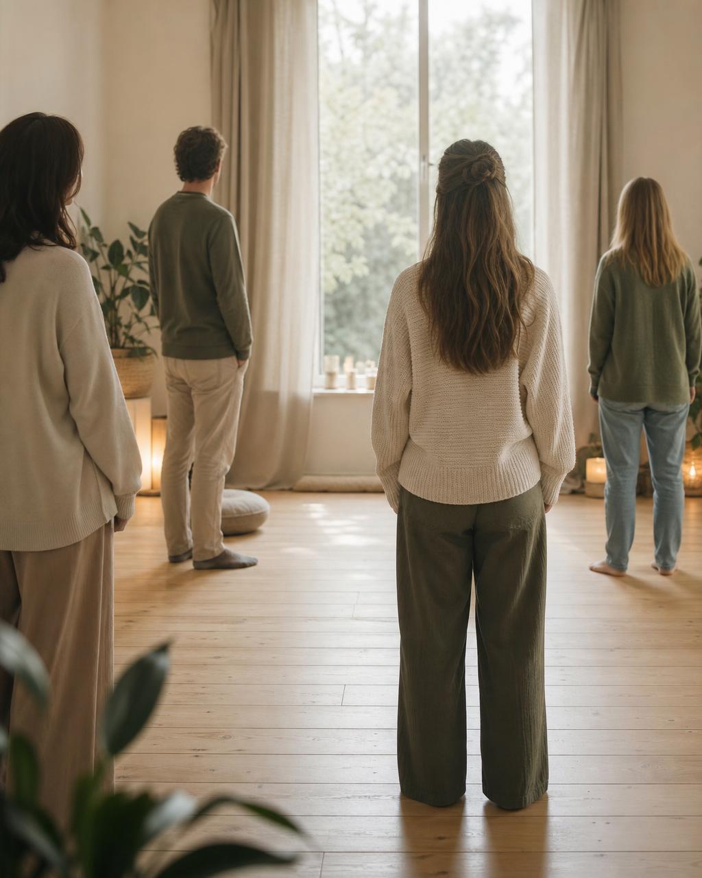 Mehrere Personen stehen in einem hellen Raum als Repräsentanten in einer systemischen Aufstellung