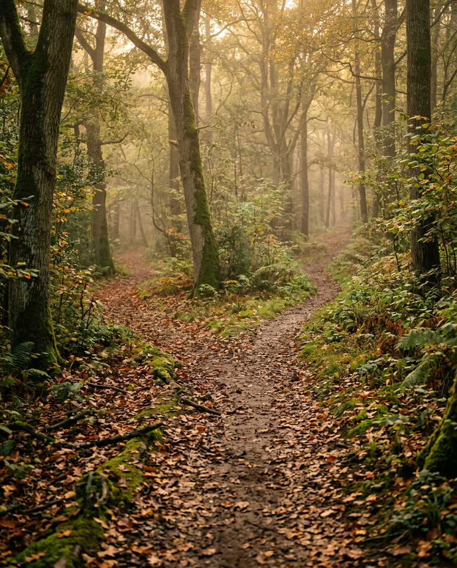 Schmale Weggabelung im Wald im warmen Abendlicht